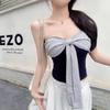 French retro design sense splicing straps tube top women's summer new slim and thin versatile top