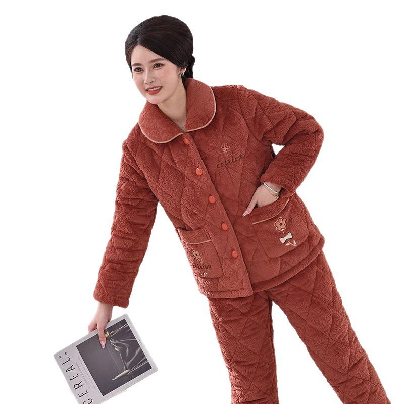 Damen Winter Korallfleece Gesteppter Pyjama - Dickes Flanell Warmes Hausanzug-Set für Mittelalte und Ältere Mütter
