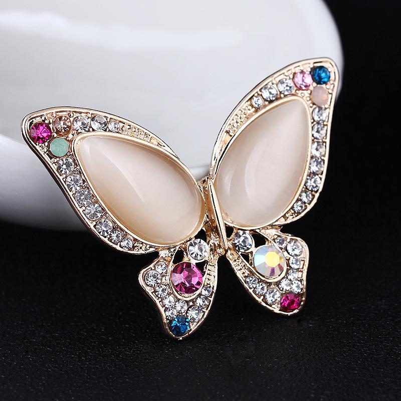 Colored Diamond Cat's Eye Butterfly Brooch Realistic Simple Stone Design Women's Fashion Temperament Versatile Daily Corsage Pin Jewelry