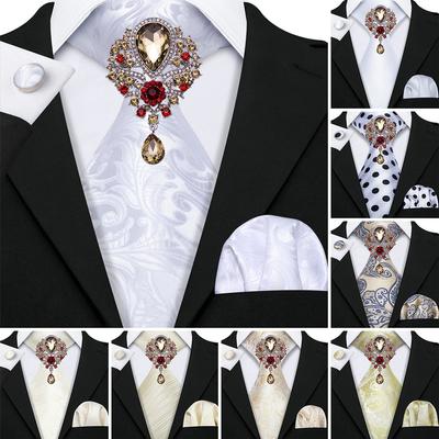 Hochzeits-Herren-Krawatten mit Brosche, Einstecktuch, Manschettenknopf, Trauzeugen, elfenbeinfarbenes weißes Seidenkrawatten-Set