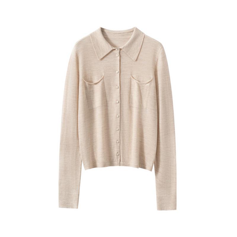 Autumn/Winter Women's Pure Wool Polo Collar Knit Cardigan