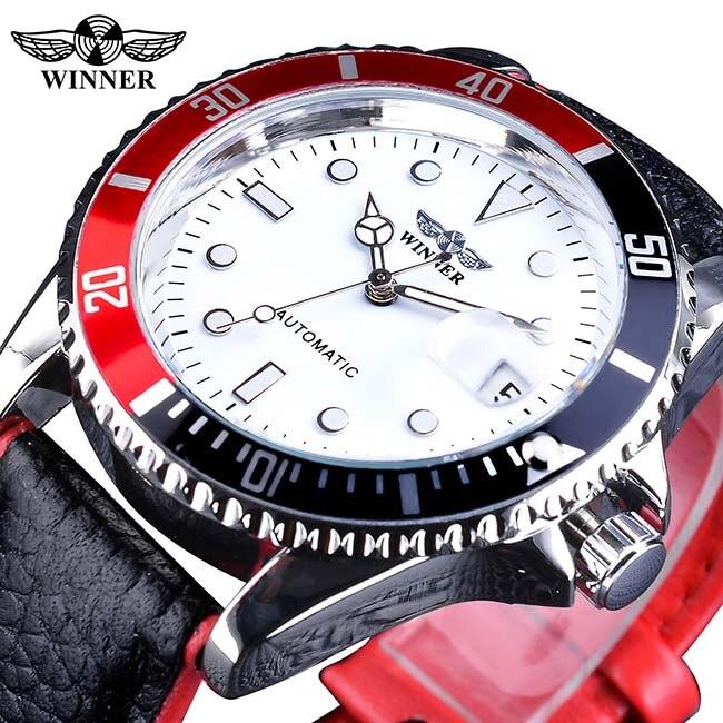 WINNER Fashion Black Red Sport Watches Calendar Display Automatic Self-wind Watches for Men Luminous Hands Genuine Leather