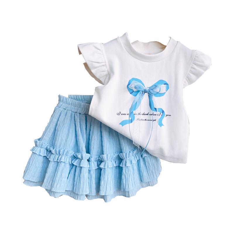 Girls' Plaid Bow Summer Two-Piece Set - Short-Sleeved Top & Skirt (CM0113)