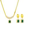 Stainless Steel Square Green Crystal Zircon Pendant Necklace Earrings Bracelet Jewelry Set for Women Gifts