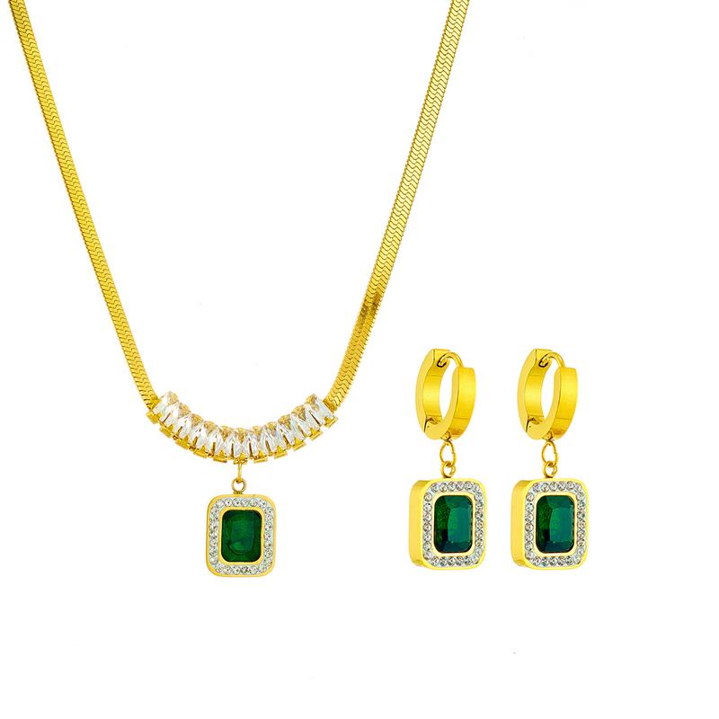 Stainless Steel Square Green Crystal Zircon Pendant Necklace Earrings Bracelet Jewelry Set for Women Gifts