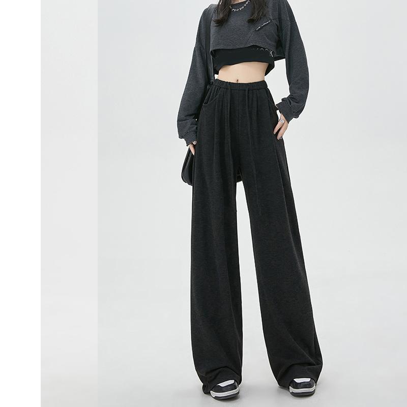 

2024 New Fashion Loose Wide-leg Pants for Women Loose Sports Drawstring Straight Casual Sweat Pants Autumn Simple Solid Color Trousers 2392 XL чёрный/серый