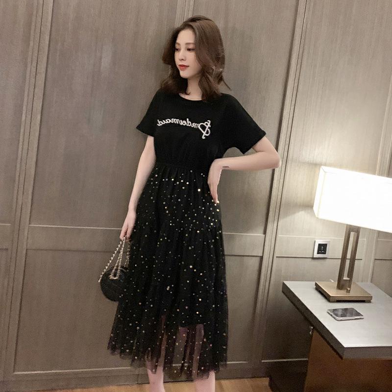 Korean Loose Mid-length Sequined Mesh Maternity Dress - Short-Sleeved, A-line Summer Skirt