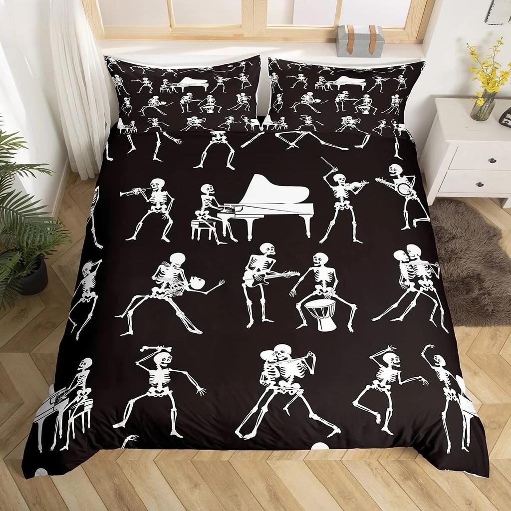 Sugar Skull King Queen Duvet Cover Funny Skeleton Halloween Bedding Set Gothic Spooky Bone Quilt Cover Polyester Comforter Cover