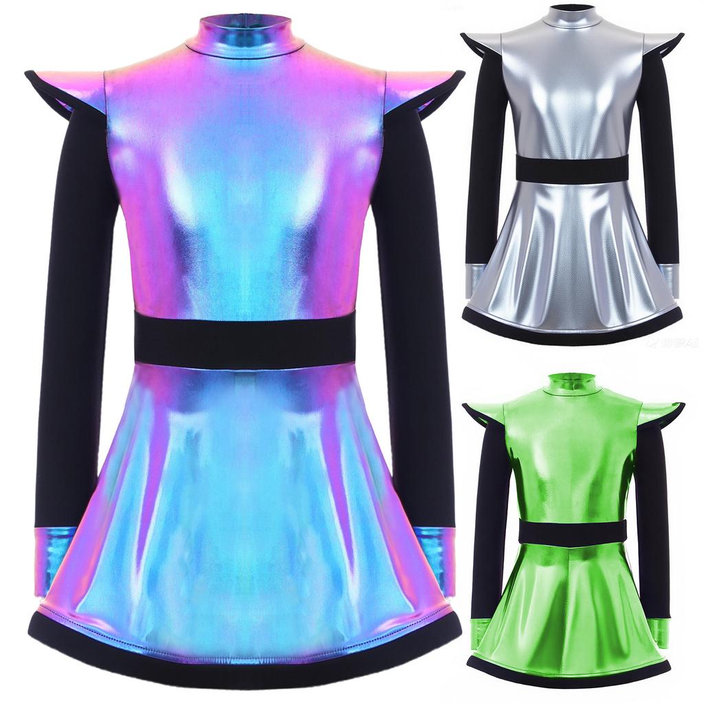 Kids Girls Alien Costume Patchwork Metallic Gloss Mock Neck Long Sleeve Back Zipper Built In Shorts Dress