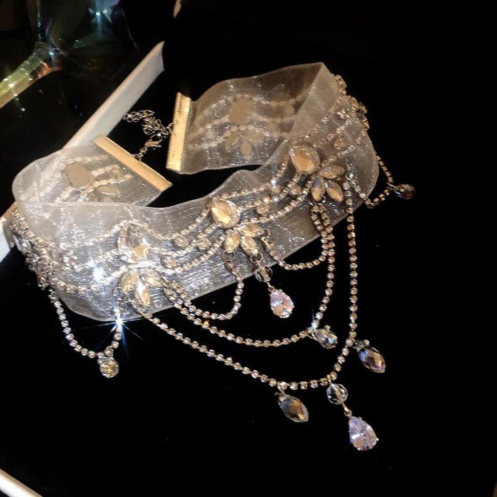 Chiffon Choker Necklace Rhinestone Teardrop Pendant Gifts Collar Necklace Party Outfit