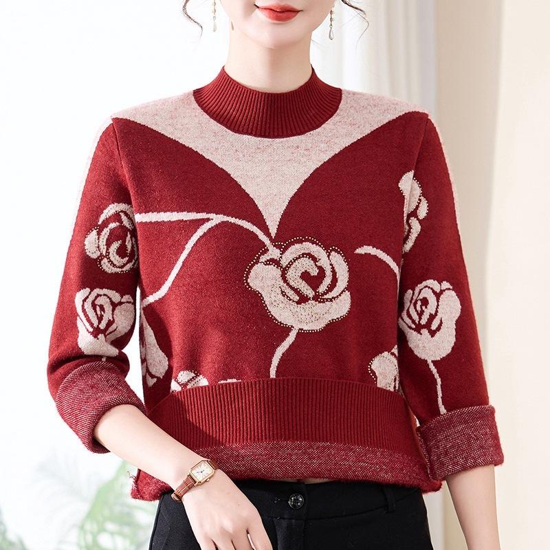 Women's Colorblock Stand Collar Sweater Long Sleeve Rhinestone Print Sweater Autumn/Winter