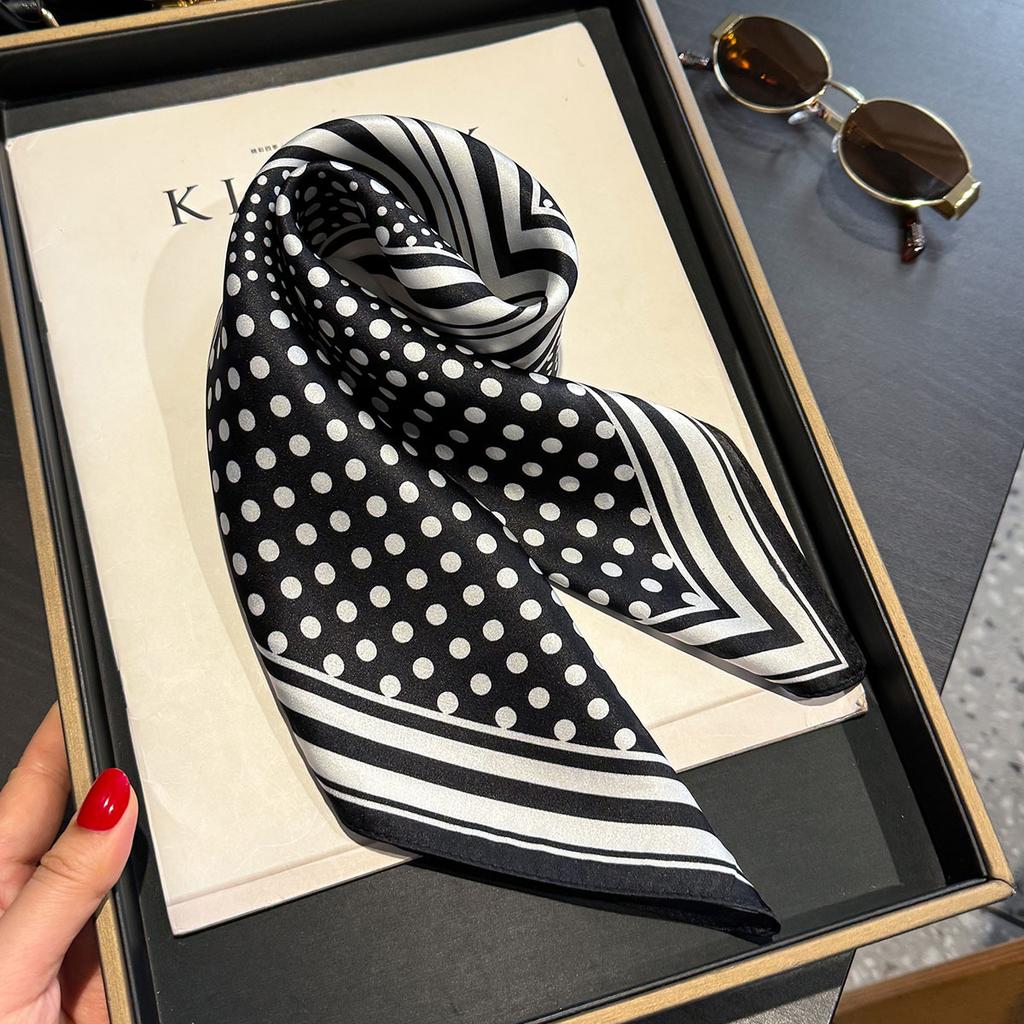 Luxury 100% Mulberry Silk Scarf Women Dot Print Bandana Shawl Lady Neckerchief Handkerchief Female Decorative Wrap 53cm