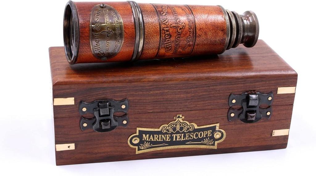 Marine Telescope Nautical Antique Solid Brass Pirate Spyglass 16 Inch Wooden Box