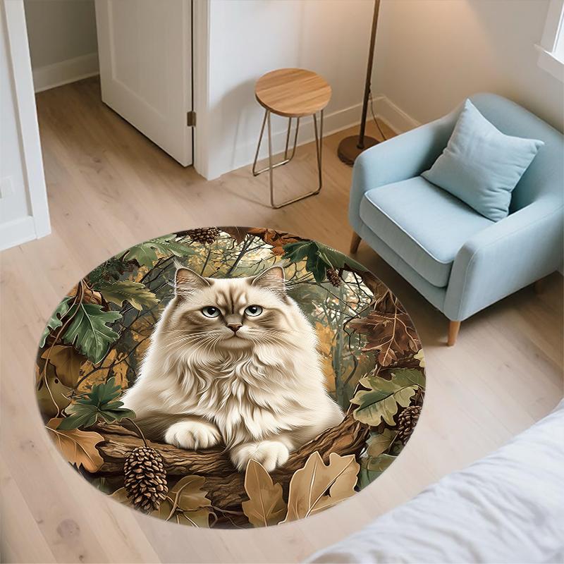 Ragdoll cat and grass pattern round rug,Carpet Rug for Living Room Bedroom Playroom ,Non-slip Floor Mat,Holiday Gifts and Birthday Gifts.