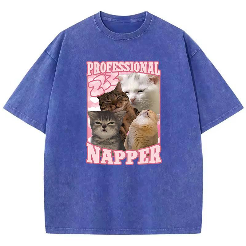 Aesthetics Kawaii Cat T Shirt Vintage Washed Cotton T-Shirt Graphic Tee Casual Streetwear Spring Summer Clothes