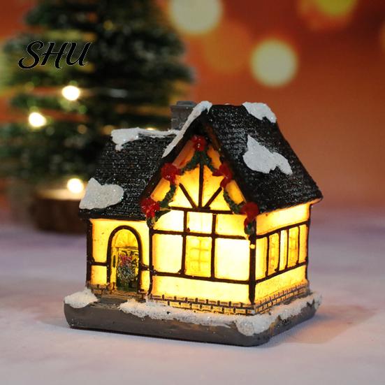 Desktop Christmas House Ornament Glowing Romantic Warm Lighting Resin Craft Small Glow LED Snow Covered Decoration Figurine Statue Party Festival Gift