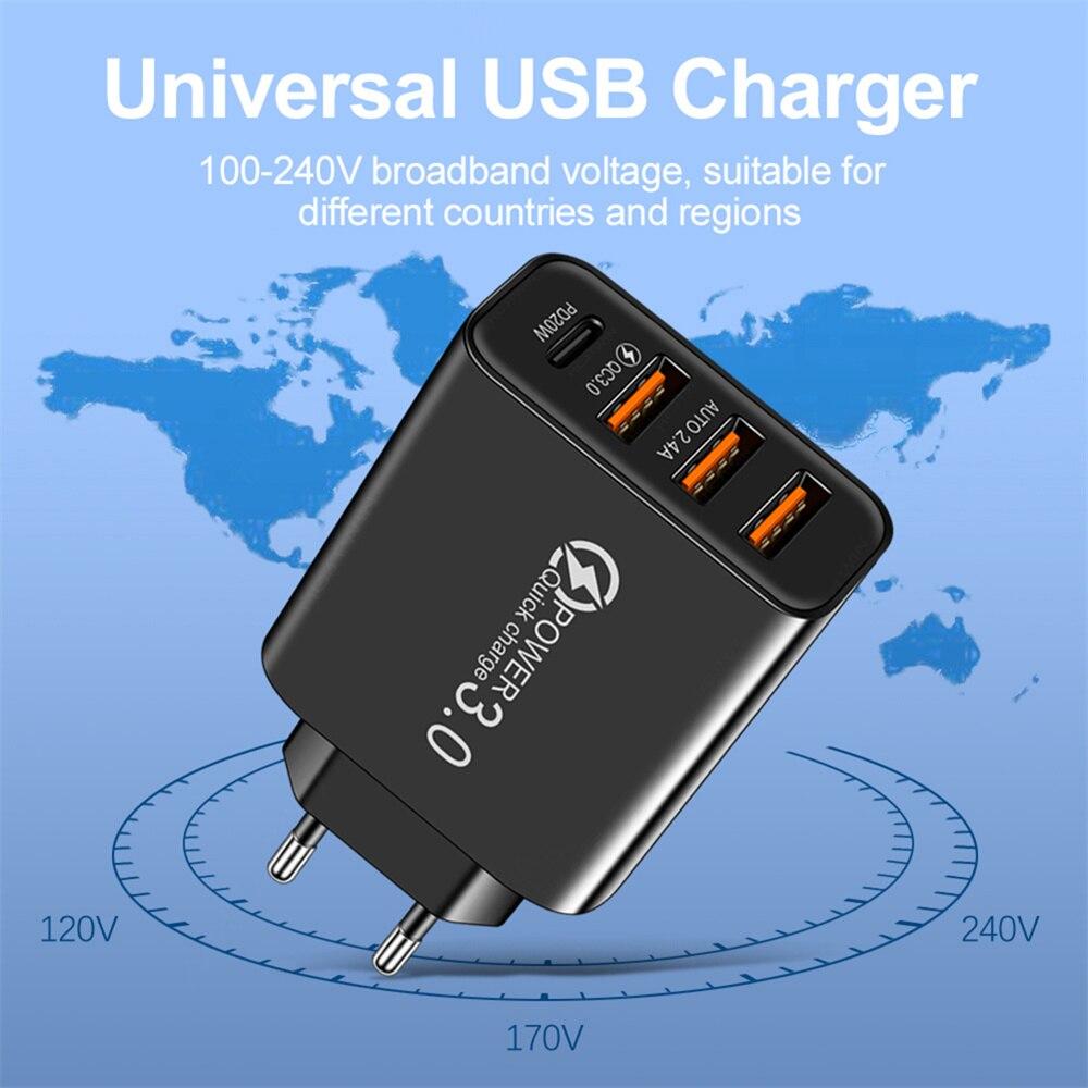 Type C USB Charger 4 Ports 3.0 PD Cell Mobile Phone Power Adapter For iPhone Samsung Xiaomi Black