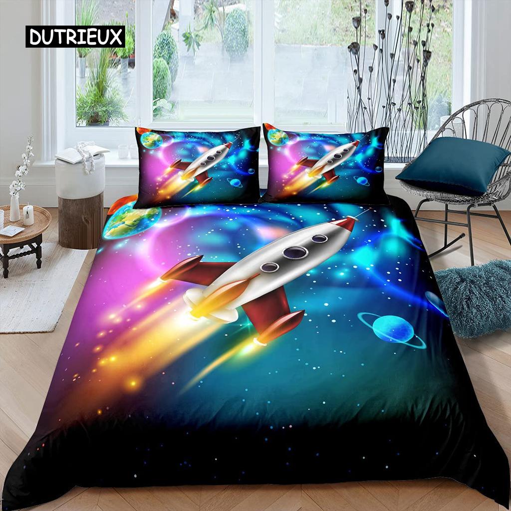 Zestaw poszwy na kołdrę Rocket Rozmiar King Zestaw pościeli Kosmiczny statek Podwójny Mikrofibra Kosmos Galaktyka Gwiazdy Planeta Kreskówkowy styl Poszwa na kołdrę