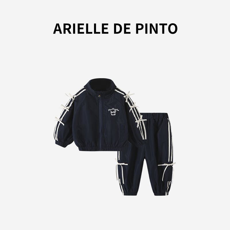 French Arielle De Pinto Girls  Autumn Outfit with Bow, Sporty Casual Two-Piece Children s Clothing Set Navy blue 90