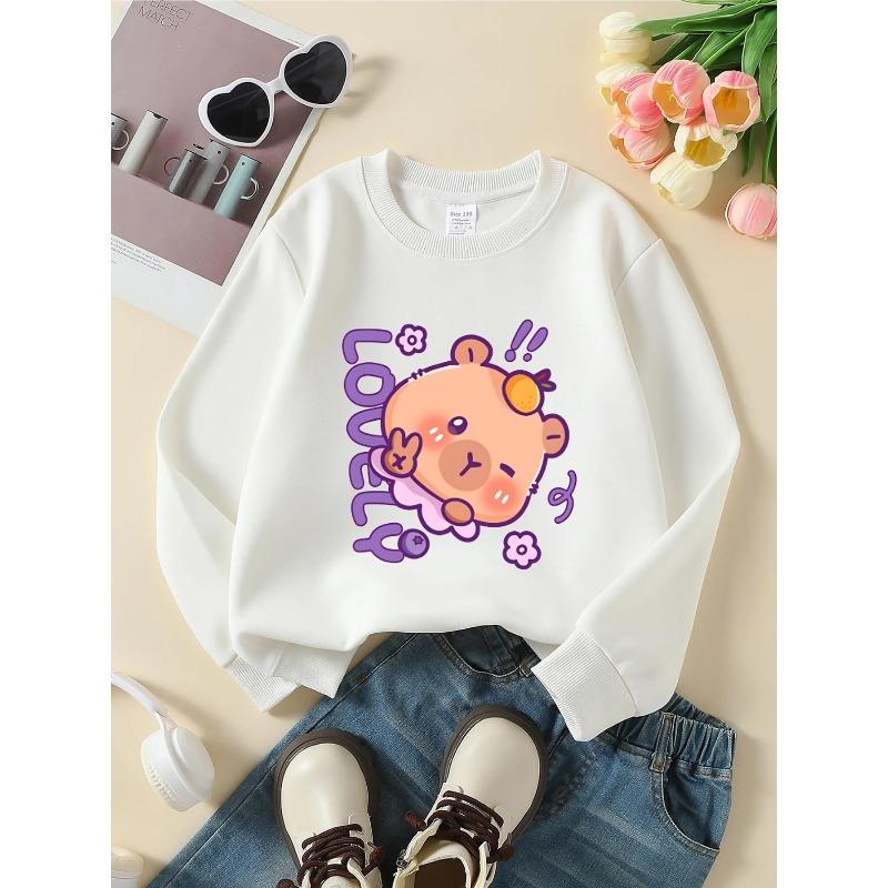 Kids Crewneck Sweatshirt, Cute Orange Bear Floral Print 110 белый