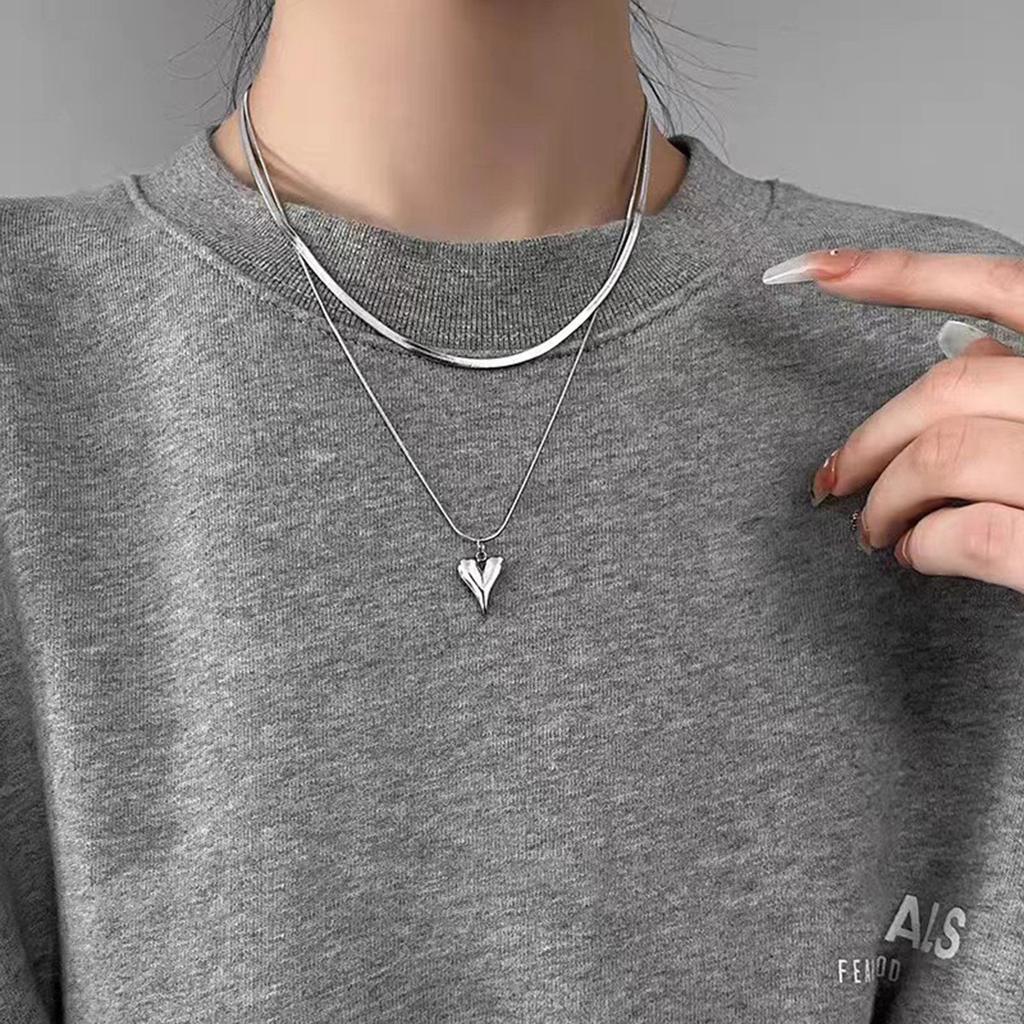 Double Layer Necklace Elegant Stainless Steel Heart Pendant Choker Charm Adjustable Collar Chain Jewelry for Daily Wear