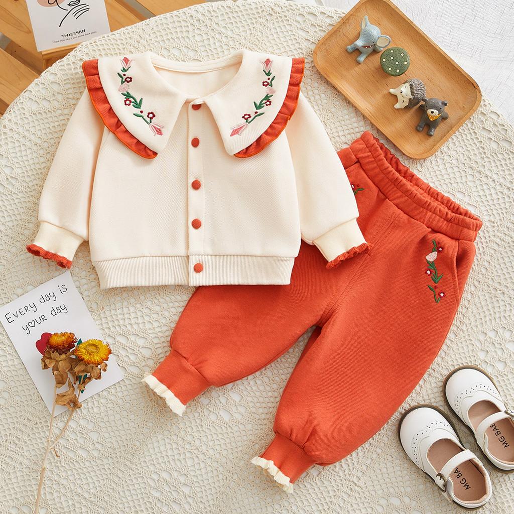 Lovely Floral Embroidered Long Sleeve Two Piece Outfit For Infant And Toddler Girls StyleE