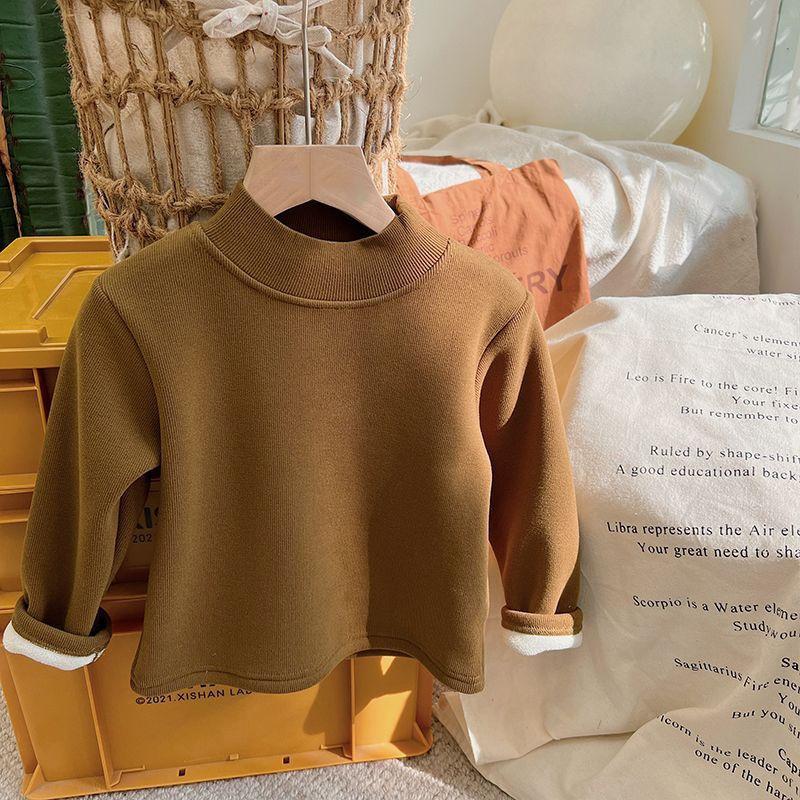 Children's Velvet Semi-turtleneck Bottoming Sweater Autumn and Winter Korean Baby Integrated Velvet Inner Top Tide