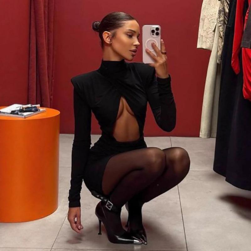 Damen Sexy Hoher Kragen Langarm Ausgeschnitten Cropped Bodycon Mini Abendparty Kleid