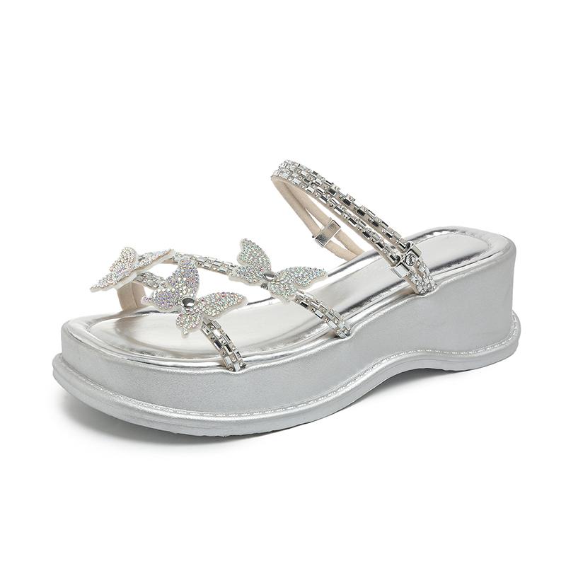 Platform Heightened Sandals Summer Wear New Round Head Rhinestone Butterfly Thin Belt Wedge Two-wear Flip-flops