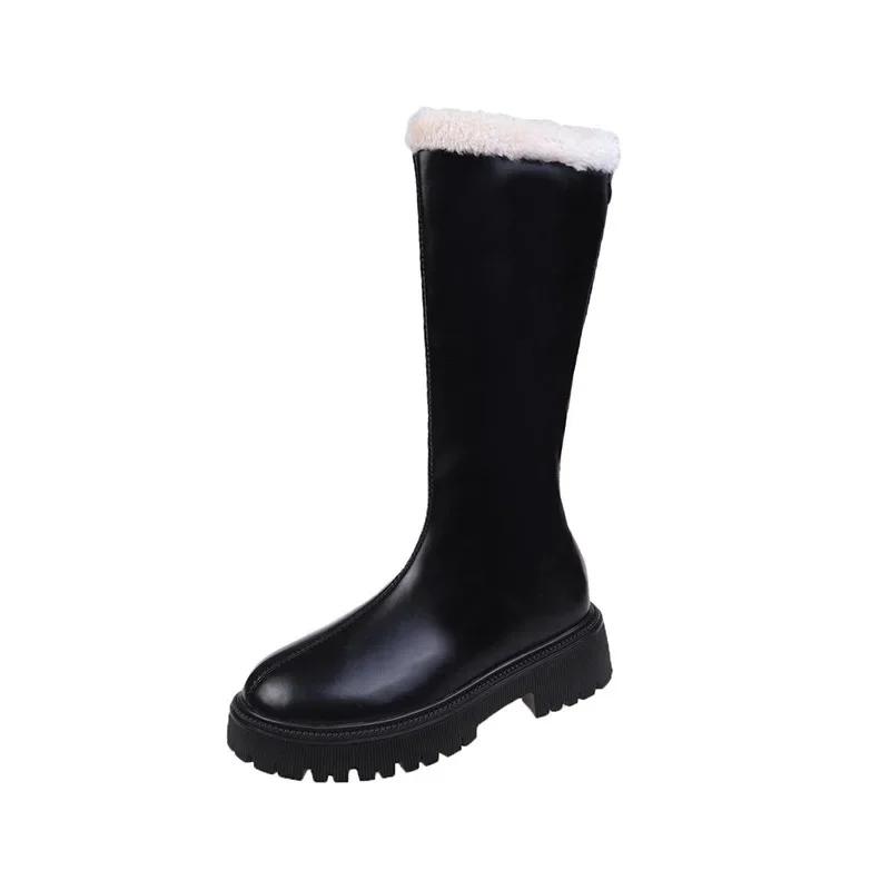 Fashion Thickened Long Tube Boots Women's Autumn Winter New Fashion Fleece Lined Zipper Back Riding Boot Knee High Rubber Outsole