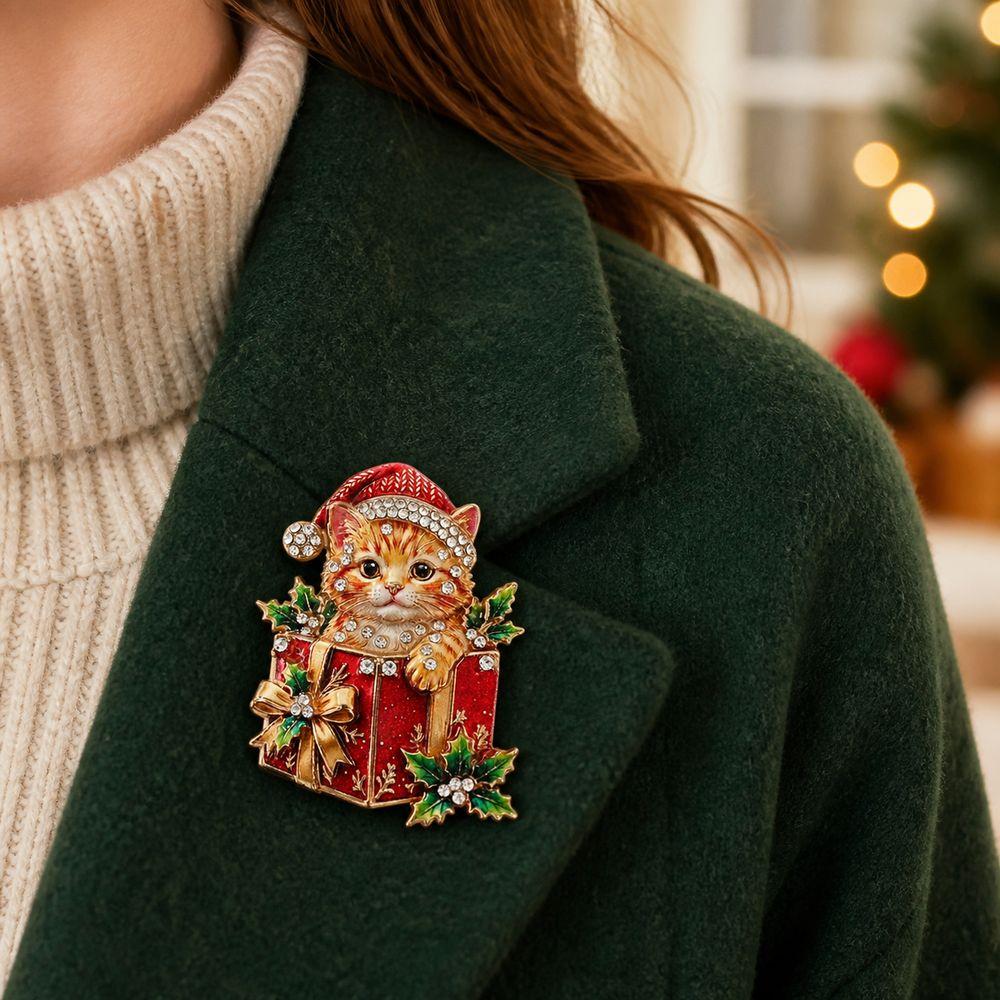 Alloy Cat Brooch Pin Enamel Finish Holiday Brooch New Christmas Cat Brooch New Year Party