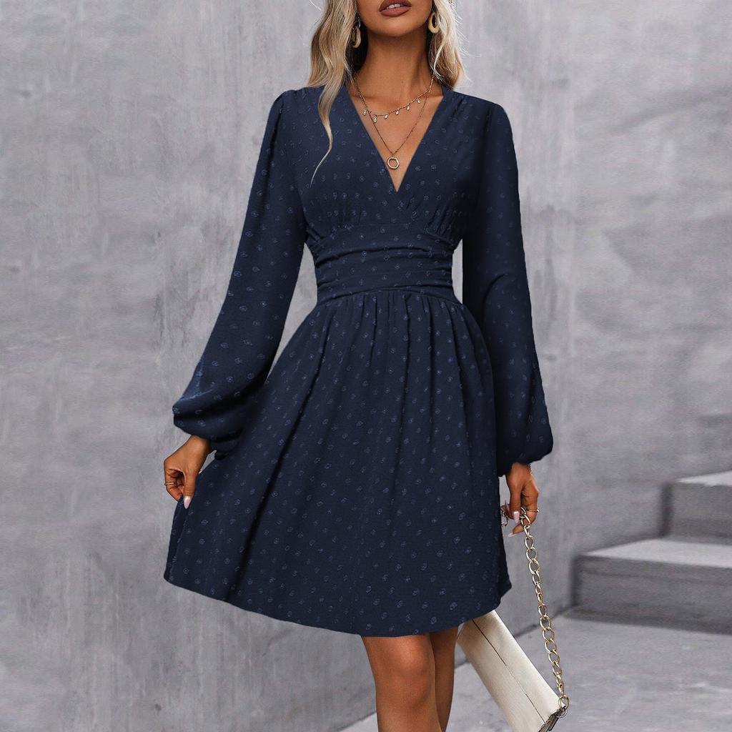 Women's Fashionable Solid Color V Neck Long Sleeved Pleated Versatile Dress