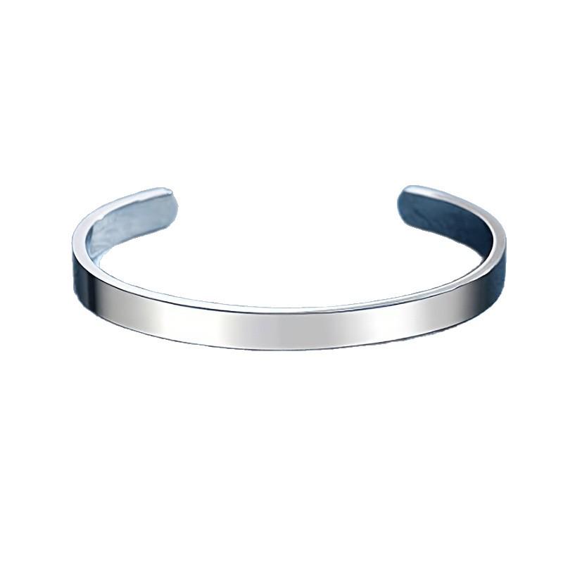 Elegant Adjustable Polished Bangle: Women's C-Shaped Bracelet with Engraved Pattern and Text Logo in Stainless Steel
