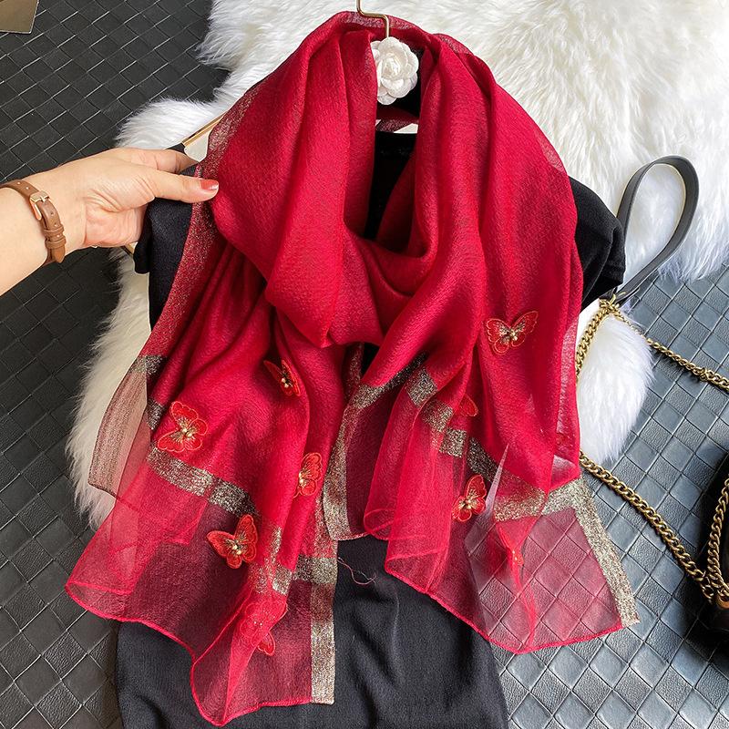 Luxury Silk Shawl Scarf for Women Design Embroidery Flowers Hijab Wraps Bufandas Female Headkerchief Fouloud Echarpe