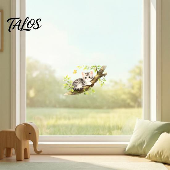 Electrostatic Window Decal Cartoon Cat on The Tree Branch Cling, Cute Watercolor Clear Hair Texture Sticker Butterflies Plants for Kids Room Bathroom
