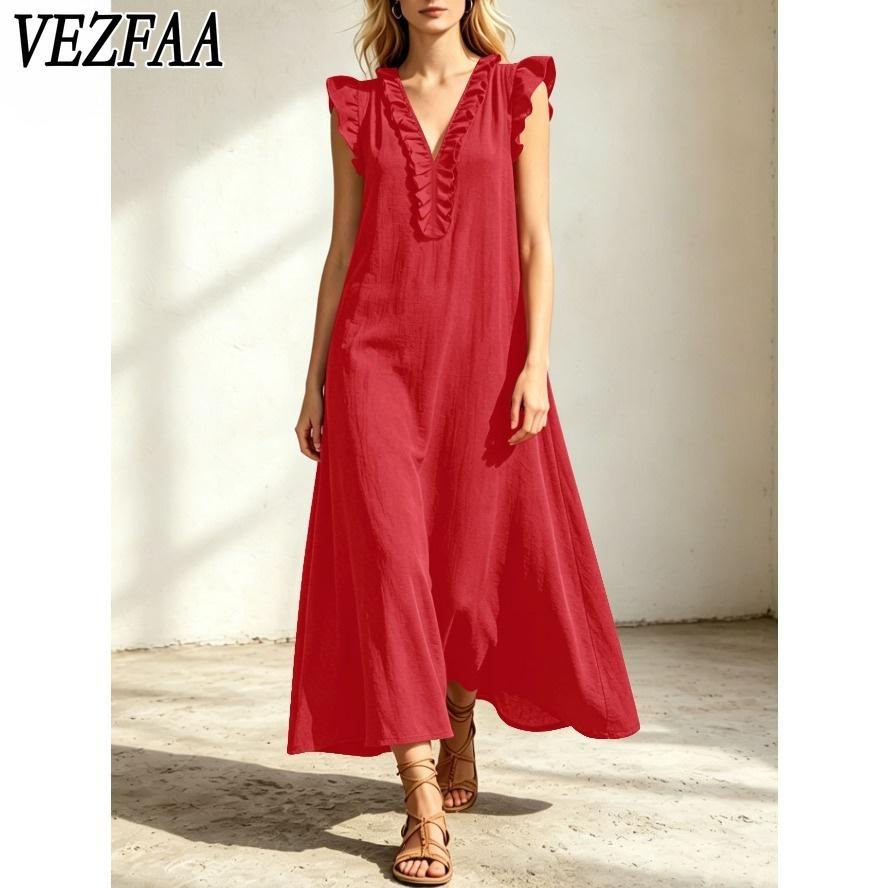 VEZFAA Women's Fashion Summer Spring Solid Color Print Short Sleeve V-Neck Loose Waistlinet Casual Dresses