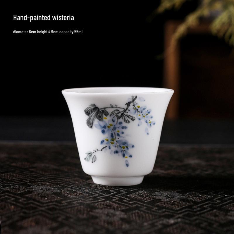 Lamb Fat Jade Hand-Painted Ceramic Gongfu Tea Set with Gaiwan, Tasting, and Host Cups