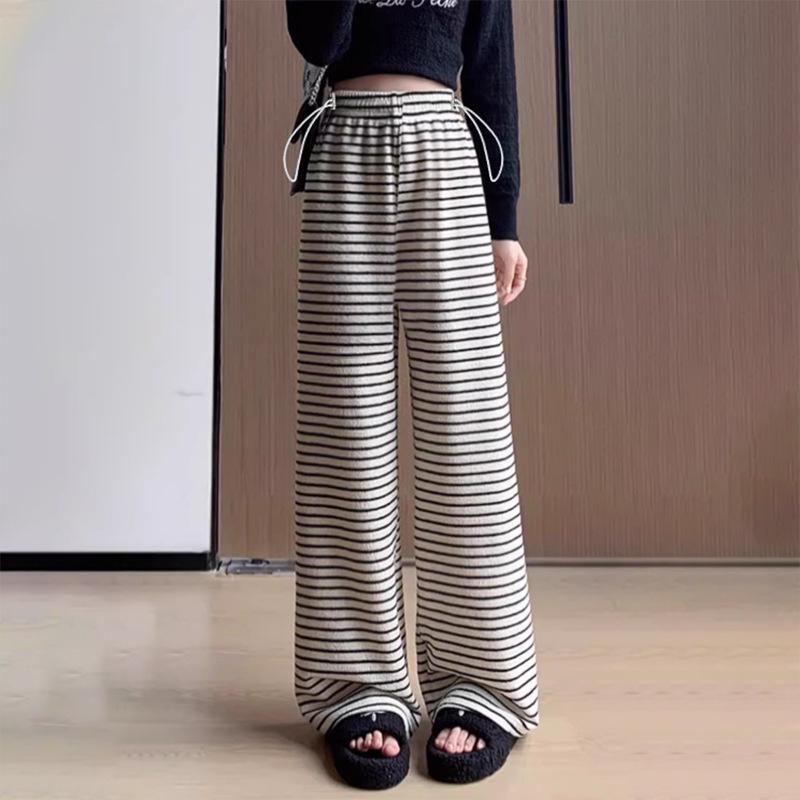 Autumn Striped Maternity Wide-Leg Drawstring Pants L грязно-белый