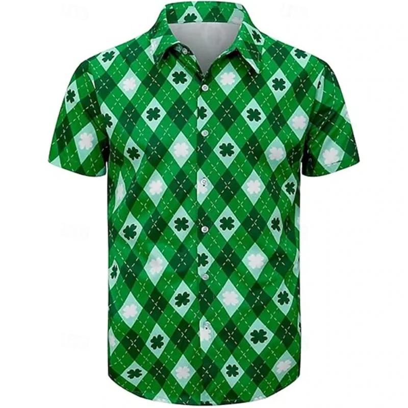 3D Print St Patrick Green Hawaiian Shirts For Men Casual Short Sleeve Button Up Surfing Shirt Tops Men's Beach Shirts Clothing