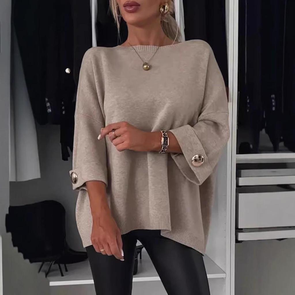 2024 Autumn Women's Solid Color Round Neck Mid-Sleeve Knitted Casual Top