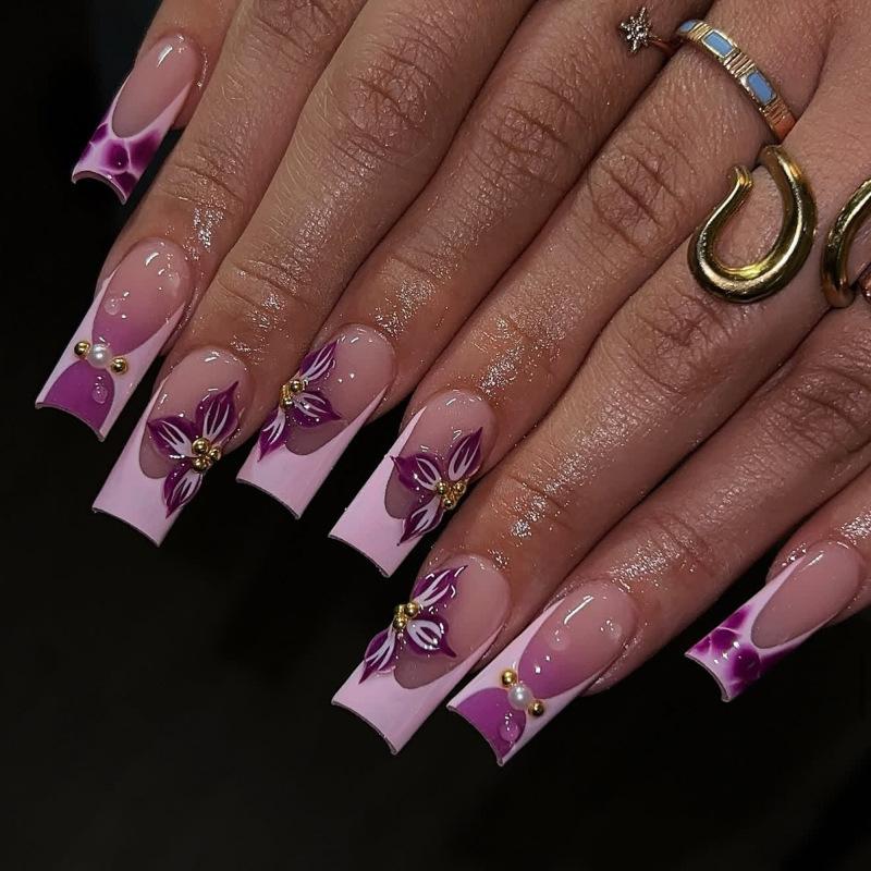Hot-selling rectangular wearing nail fake nail French pink purple nail 3d flower nail piece