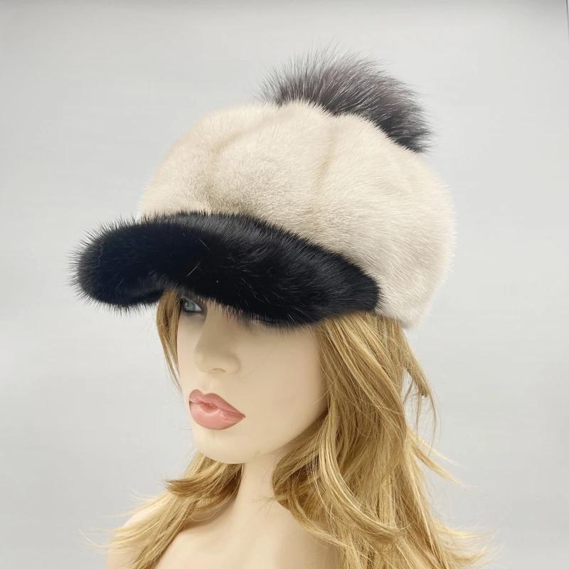 Mink Fur Hats for Women Brim Pompom Hat Winter Warm Solid Genuine Luxury Fur Baseball Cap High Quality Female Stylish Headwear