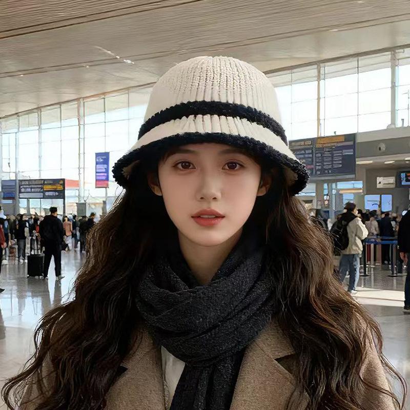 

Versatile basin hat Korean face small bucket hat plain striped knitted bucket hat tide M（56-58cm）