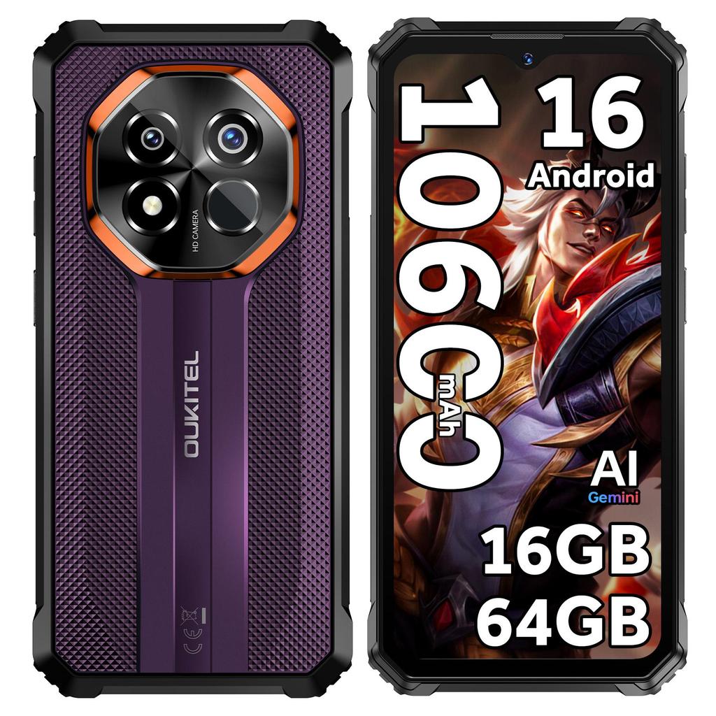 Oukitel G7 Smartphone Robusto Android 16, 16GB+64GB/1TB, 10600mAh, Display 6.52", Fotocamera 16MP, 4G Dual SIM/IP68/IP69K/GPS/OTG/Impronta Digitale