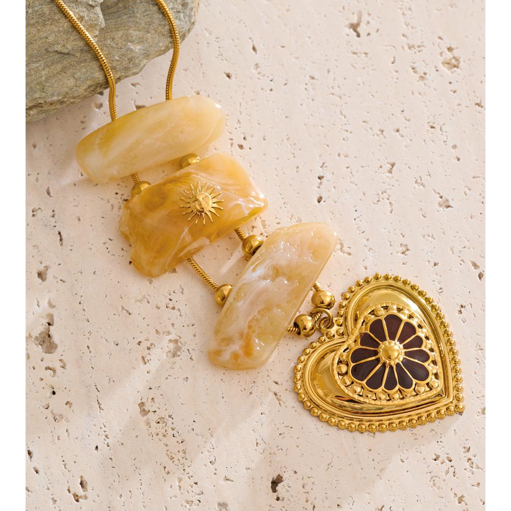 Eetit Exclusive Resin Imitation Stone Rectangle Heart Pendant Necklace Stainless Steel Fashion Statement Jewelry Waterproof