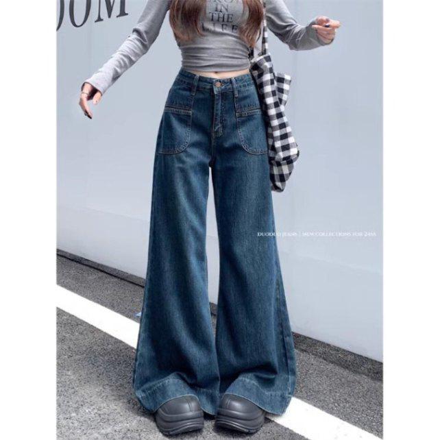 

Американские ретро джинсы с широкими штанинами, темно-синие, с высокой посадкой для женщин - Осень 2025, длиной до пола и стройнящие. Small темно-синий