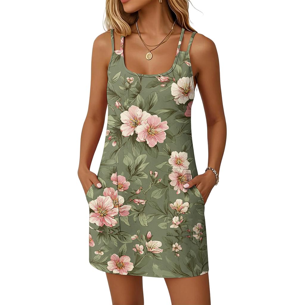 Women's Fashion Casual Floral Print Dress Double Sling Pocket Dress