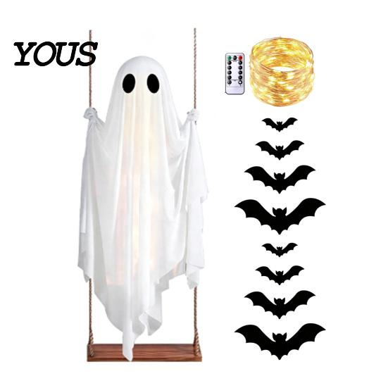 Lighted Creepy Yard Props Halloween Large Hanging Swing Ghost Decoration, Light Up Spooky Swinging Window Display Ghosts with 3D Bats for Front