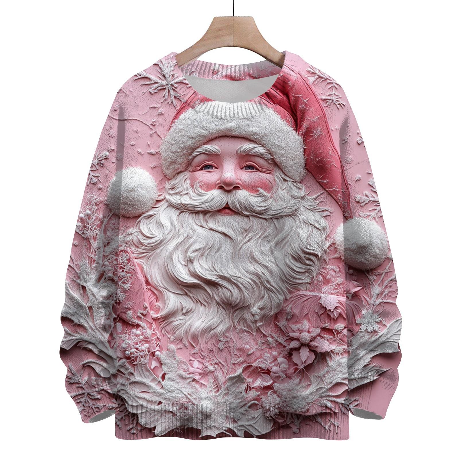 

Женская мода круглый вырез повседневный длинный рукав рождественский милый принт шерстяной трикотажный топ XXXL розовый