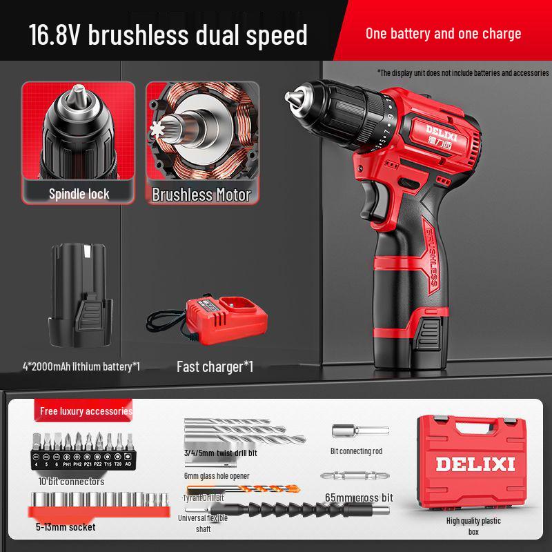 Delixi Cordless Brushless Handheld Drill, Rechargeable Multi-function Hammer Drill with Lithium Battery & Electric Screwdriver